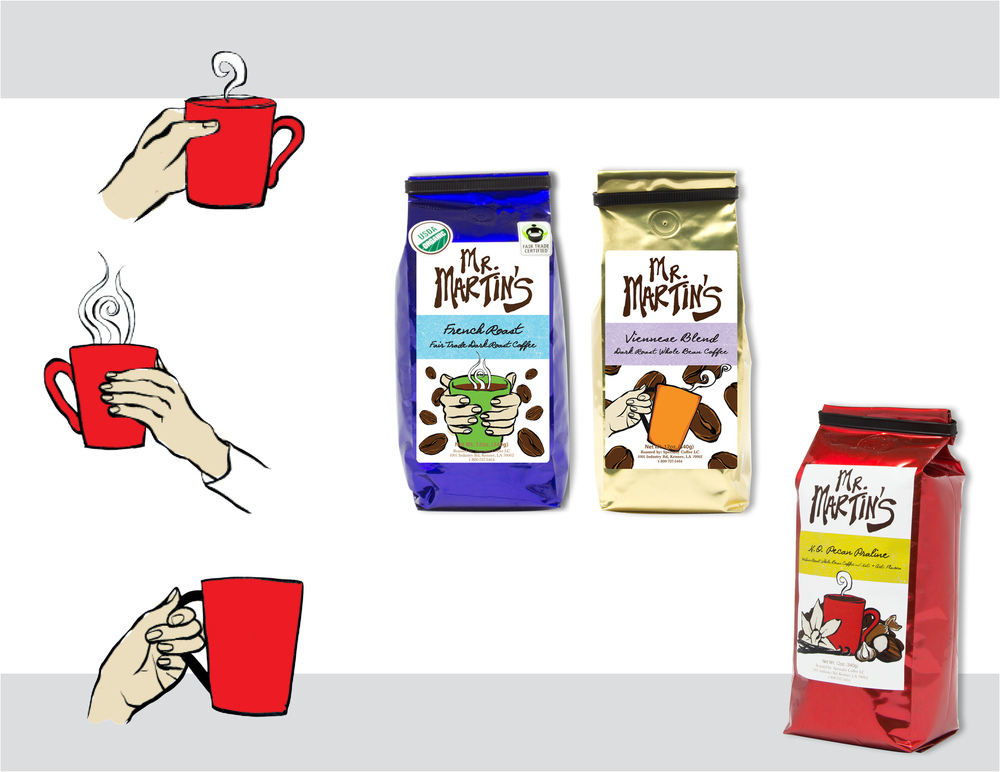 Sara Schoenberger - Branding & Design for Packaging Mr. Martin’s Brand Coffee For Martin Wine Cellar, 2012, Illustrations by Sibel Ergener