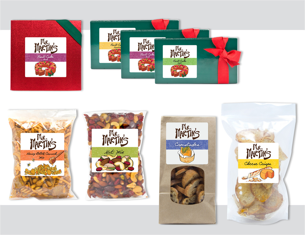 Sara Schoenberger - Branding & Design for Packaging “Mr. Martin’s” Brand Snacks and Holiday Fruit Cakes For Martin Wine Cellar, 2012, Illustrations by Sibel Ergener