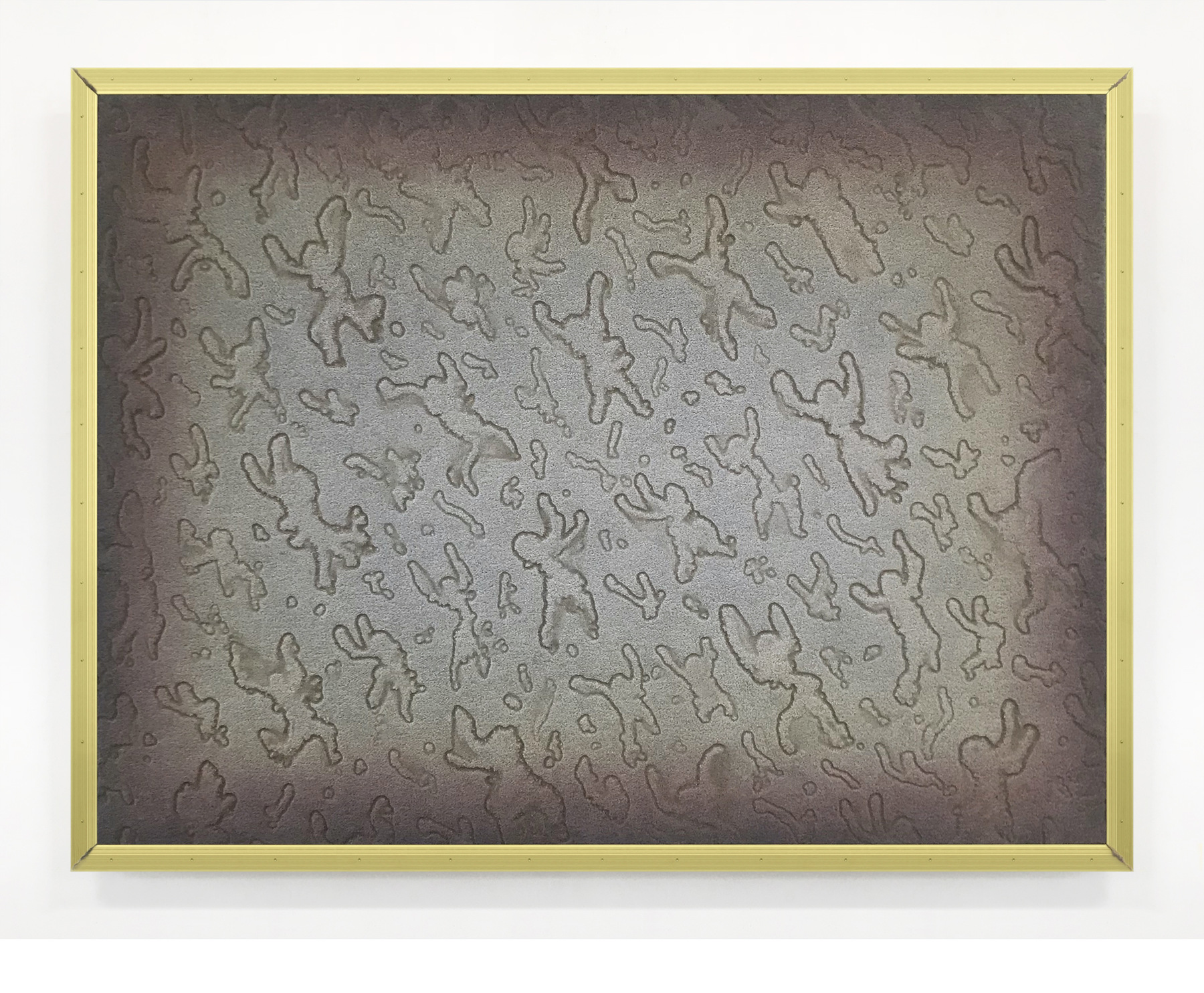 Matias Cuevas - Untitled Gestures (For a Brand New Domfree) #35 Carpet, carpet trim, paint thinners, fire, and acrylic on custom made stretcher 54 x 72 (137 cm x 183 cm) 2018 ©Matias Cuevas