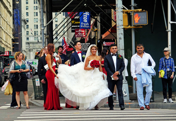 Lori George Photography - Bridal Party makes their way to the church in NYC during rush hour Friday evening.|Friday August 19,2016