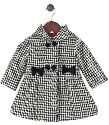 Kimberlee Peers-Moore Designer - Tiffani houndstooth wool coat with red satin lining and black velour bows. Fall 2014,15,16,17