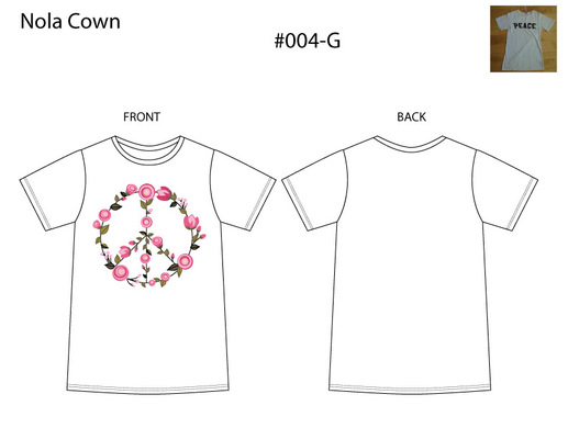 Kimberlee Peers-Moore Designer - Technical drawing of white t-shirt. A graphic rendering of peace sign made up of flowers.