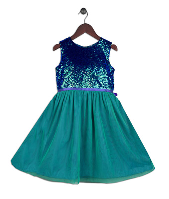 Kimberlee Peers-Moore Designer - Ariel. Sequined bodice with mesh skirt overlay and purple satin ribbon waistband and back tie. Fall 2017
