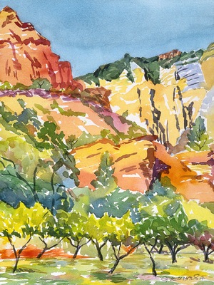 Gurukirn Khalsa - Fine Artist - Slide Rock Apple Orchard - Watercolor - 12x16