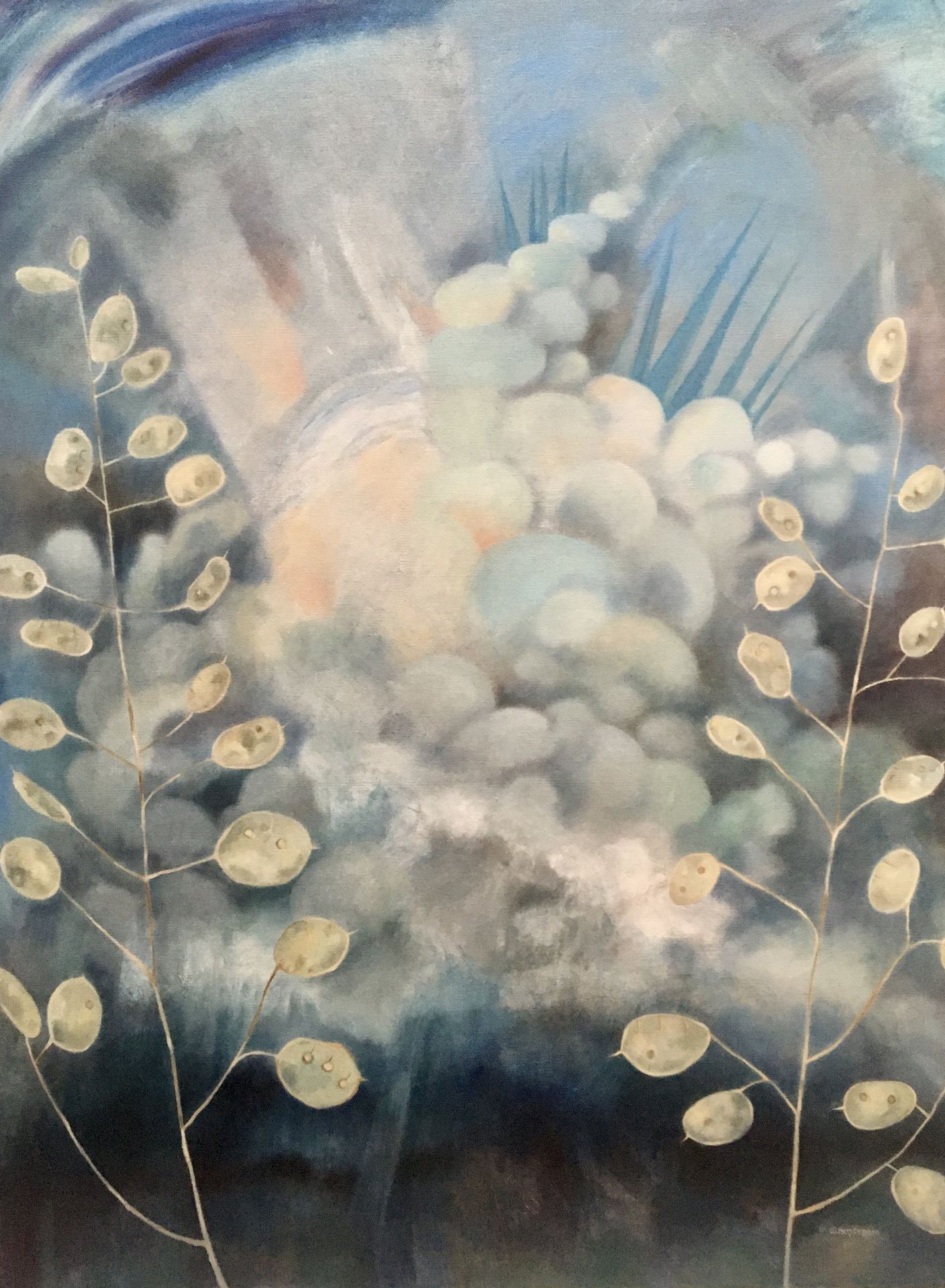 Mary Sundstrom - Money Plant and Storm Cloud 30 x 40 oil on canvas 2020 SOLD