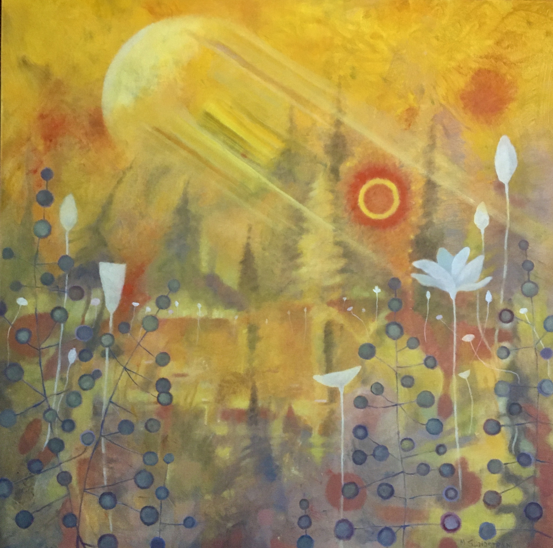 Mary Sundstrom - Yellow Sky Summer 24x 24 oil on canvas $1,150 . Float framed in gunmetal. This piece will be displayed in April for the Wonderland Show at Higher Art Gallery in Traverse City for more info visit www.higherartgallery.com SOLD