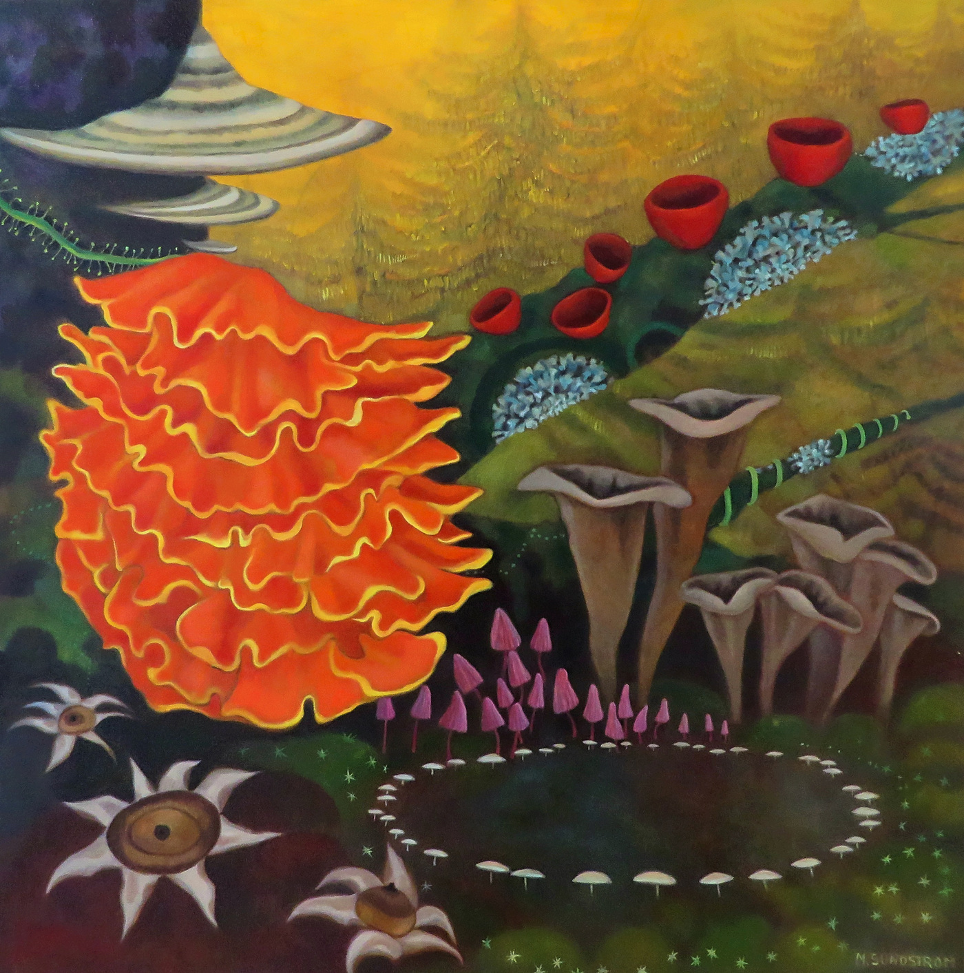 Mary Sundstrom - Tamarcks and Fungi 36x 36 oil on canvas 2019 SOLD Higher Art Gallery in Traverse City Michigan SOLD https://www.higherartgallery.com click on the image for my statement