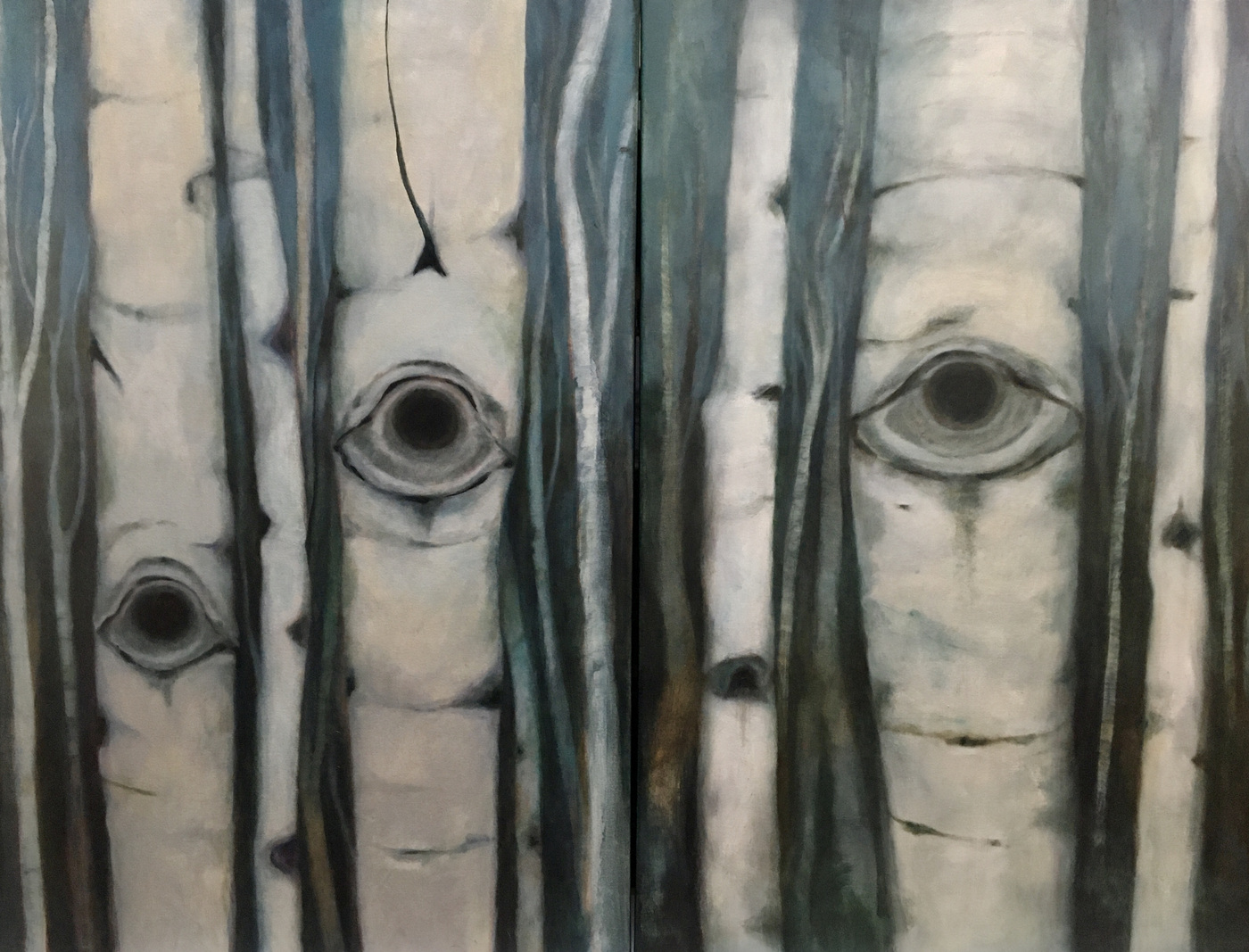 Mary Sundstrom - Birch Eye and Birch Eyes. Two works, can be sold separately or together. 40x 30 $900 each or $1500 together oil on canvas 2021 Available. email marysundstrom@gmail.com click on the image for my statement
